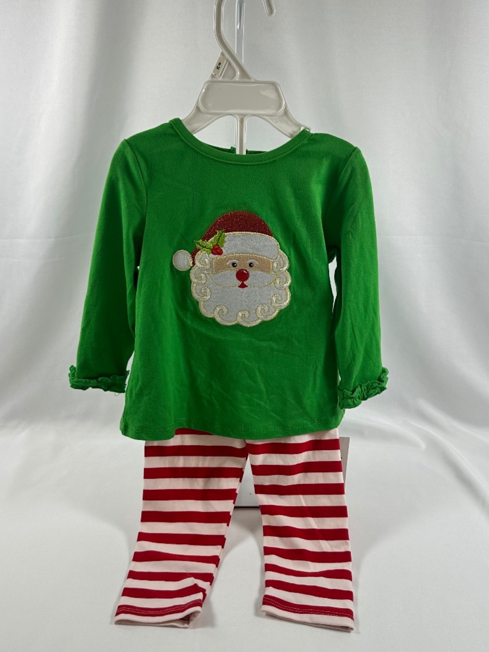 Rare Too 2-Piece Girls Set, Santa Patch, Green, Ruffled Cuffs, Red & White Pants